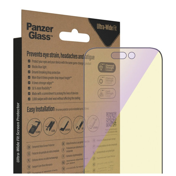 Tvrzené sklo UWF Anti-Bluelight AB s aplikátorem pro iPhone 14 Pro, Černá, PanzerGlass