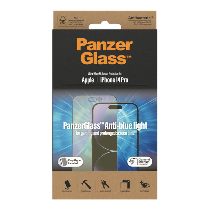 Tvrzené sklo UWF Anti-Bluelight AB s aplikátorem pro iPhone 14 Pro, Černá, PanzerGlass