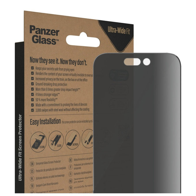 Tvrzené sklo UWF Privacy AB s aplikátorem pro iPhone 14 Pro, Černá, PanzerGlass