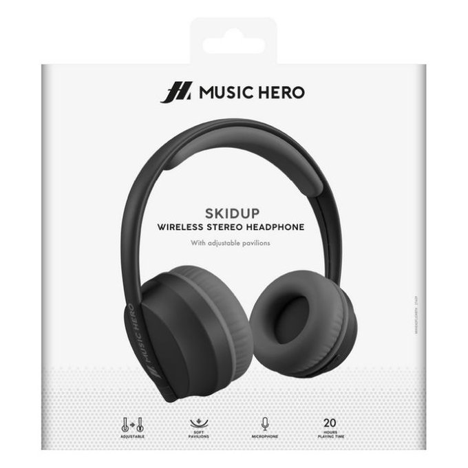 Music Hero - Stereo Bezdrátová Sluchátka Skidup s mikrofónem, černá