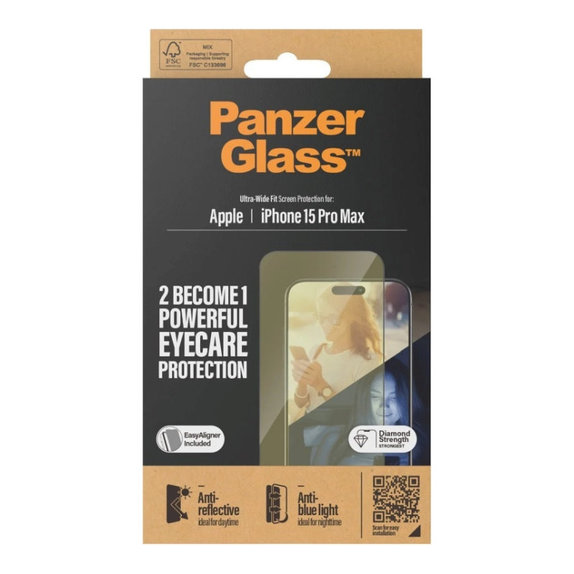 Tvrzené sklo UWF Eyecare s aplikátorem pro iPhone 15 Pro Max, Černá, PanzerGlass