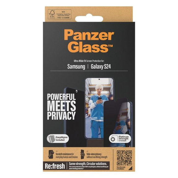 PanzerGlass - Tvrzené sklo Re:Fresh UWF Privacy s aplikátorem pro Samsung Galaxy S24, černá