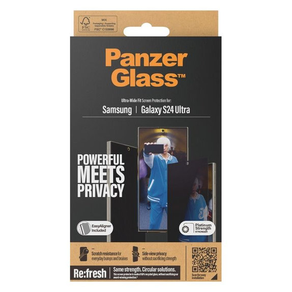 PanzerGlass - Tvrzené sklo Re:Fresh UWF Privacy s aplikátorem pro Samsung Galaxy S24 Ultra, černá