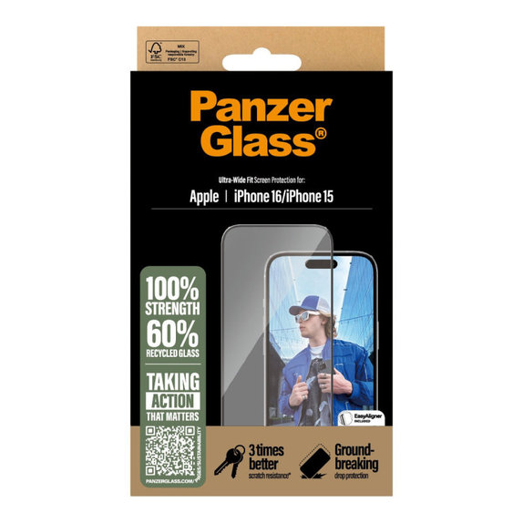 Tvrzené sklo UWF s aplikátorem pro iPhone 16/15, Černá, PanzerGlass