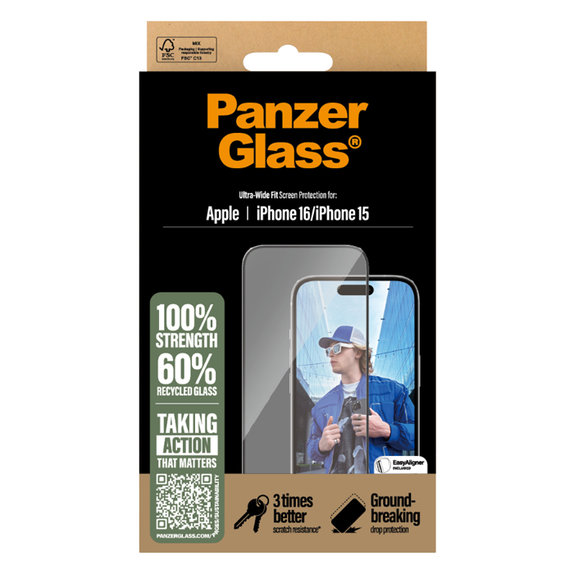 Tvrzené sklo UWF s aplikátorem pro iPhone 16/15, Černá, PanzerGlass
