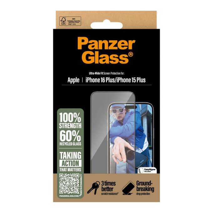 Tvrzené sklo UWF s aplikátorem pro iPhone 16 Plus/15 Plus, Černá, PanzerGlass