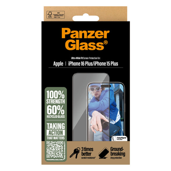 Tvrzené sklo UWF s aplikátorem pro iPhone 16 Plus/15 Plus, Černá, PanzerGlass