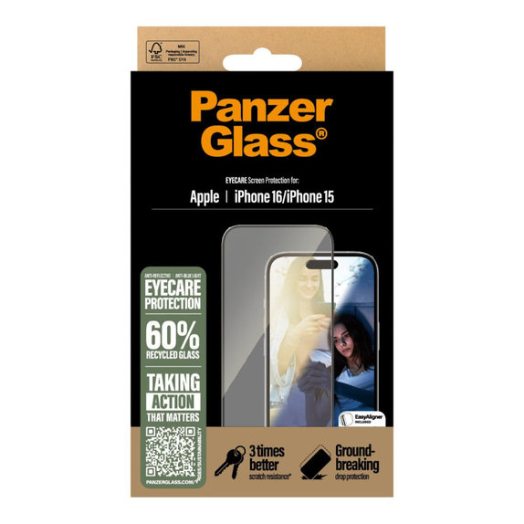 Tvrzené sklo UWF Eyecare s aplikátorem pro iPhone 16/15, Černá, PanzerGlass