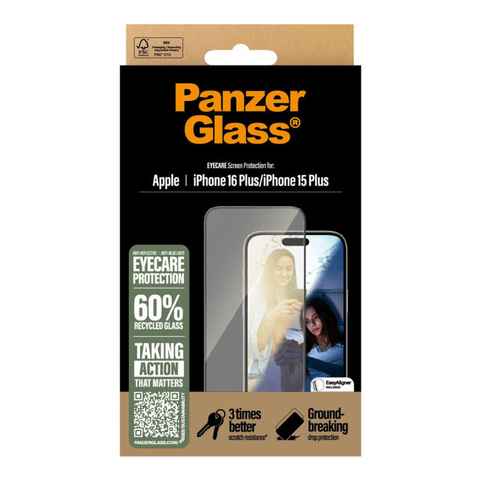 Tvrzené sklo UWF Eyecare s aplikátorem pro iPhone 16 Plus/15 Plus, Černá, PanzerGlass