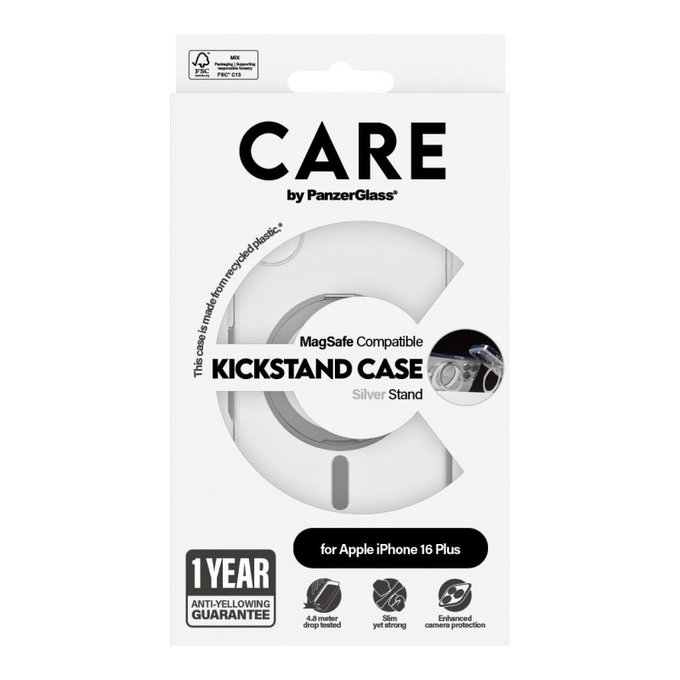 Pouzdro Kickstand s MagSafe pro iPhone 16 Plus, Stříbrná, CARE