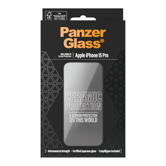 Tvrzené sklo UWF Ceramic s aplikátorem pro iPhone 15 Pro, Černá, PanzerGlass