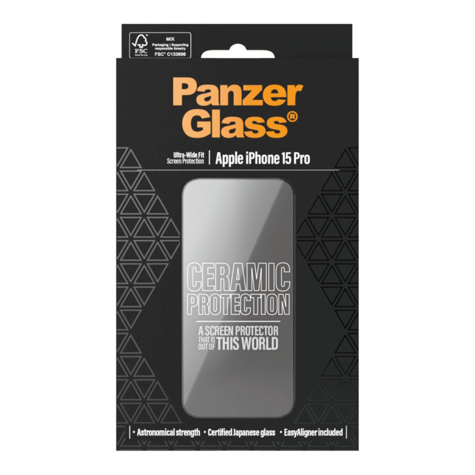 Tvrzené sklo UWF Ceramic s aplikátorem pro iPhone 15 Pro, Černá, PanzerGlass