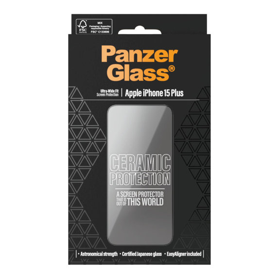 Tvrzené sklo UWF Ceramic s aplikátorem pro iPhone 15 Plus, Černá, PanzerGlass