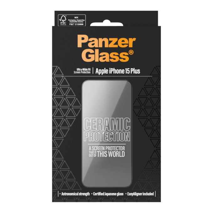 Tvrzené sklo UWF Ceramic s aplikátorem pro iPhone 15 Plus, Černá, PanzerGlass