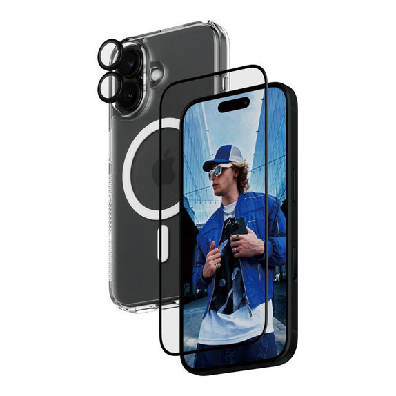 Bundle 3v1 Hoops + Tvrzené sklo UWF + Hard Case pro iPhone 16, PanzerGlass