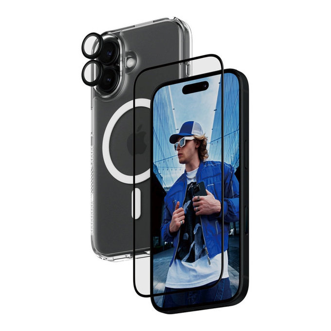 Bundle 3v1 Hoops + Tvrzené sklo UWF + Hard Case pro iPhone 16, PanzerGlass