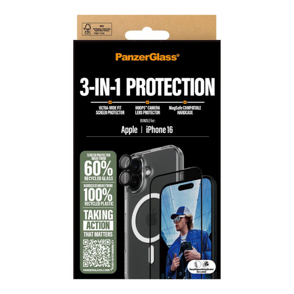 Bundle 3v1 Hoops + Tvrzené sklo UWF + Hard Case pro iPhone 16, PanzerGlass
