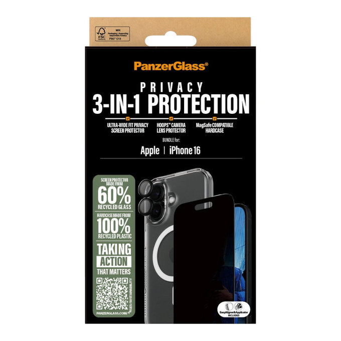 Bundle Hoops + Tvrzené sklo UWF Privacy + Hard Case pro iPhone 16, PanzerGlass