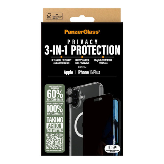 Bundle Hoops + Tvrzené sklo UWF Privacy + Hard Case pro iPhone 16 Plus, PanzerGlass