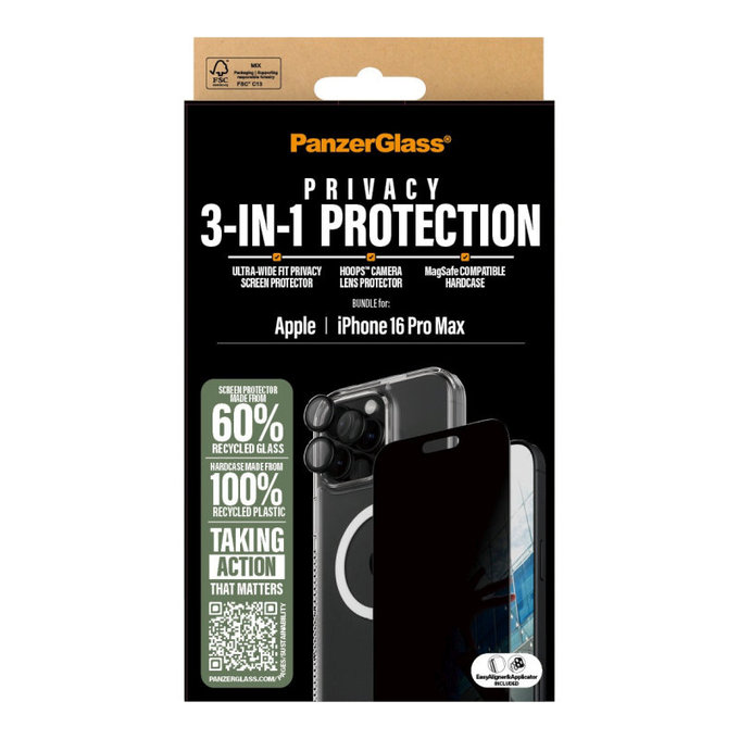 Bundle Hoops + Tvrzené sklo UWF Privacy + Hard Case pro iPhone 16 Pro Max, PanzerGlass