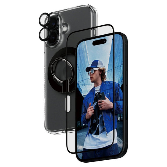 Bundle Hoops + Tvrzené sklo UWF + Hard Case + Magnetic Ring Mount pro iPhone 16, PanzerGlass
