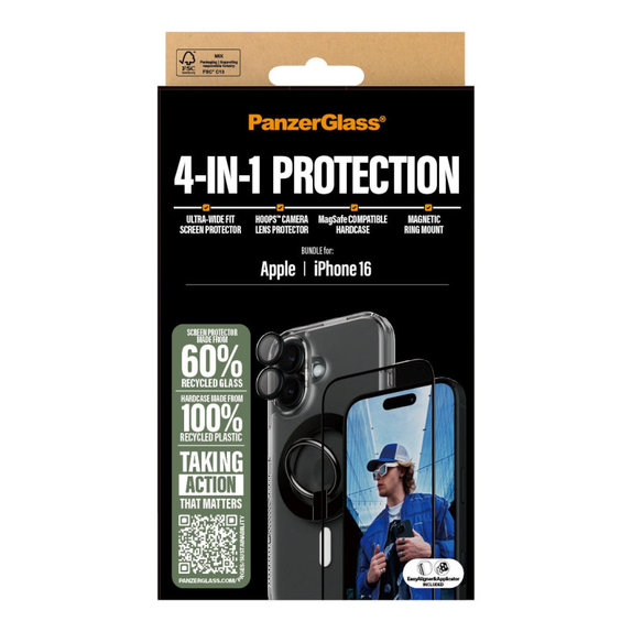 Bundle Hoops + Tvrzené sklo UWF + Hard Case + Magnetic Ring Mount pro iPhone 16, PanzerGlass