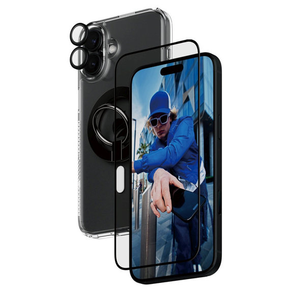 Bundle Hoops + Tvrzené sklo UWF + Hard Case + Magnetic Ring Mount pro iPhone 16 Plus, PanzerGlass