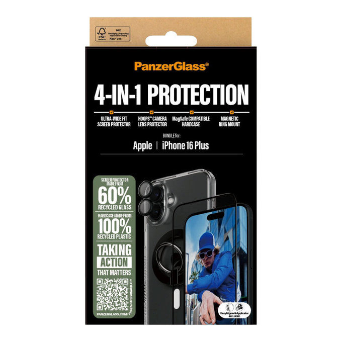 Bundle Hoops + Tvrzené sklo UWF + Hard Case + Magnetic Ring Mount pro iPhone 16 Plus, PanzerGlass