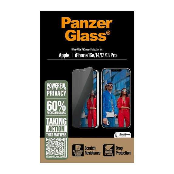 Tvrzené sklo UWF Privacy s aplikátorem pro iPhone 17e/16e/14/13/13 Pro, Černá, PanzerGlass