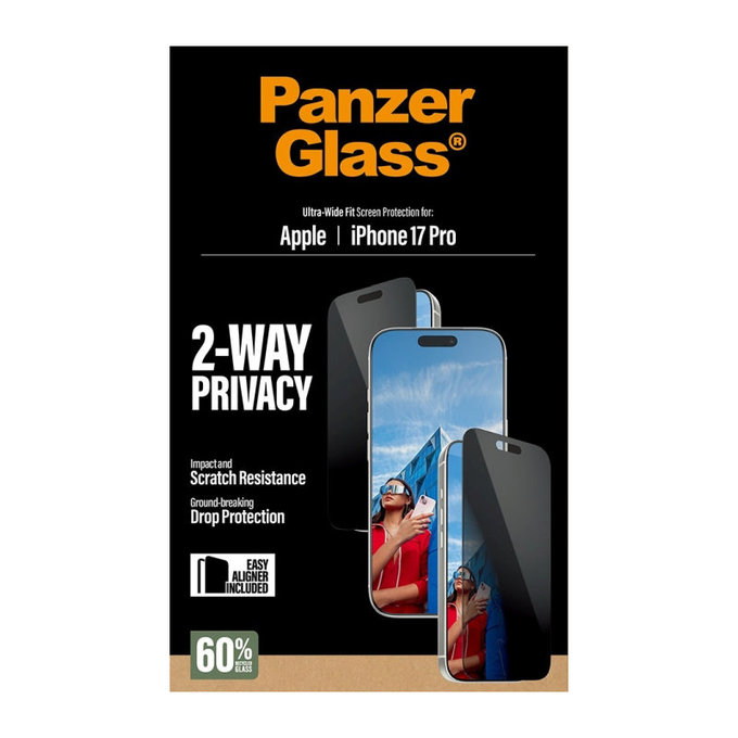 Tvrzené sklo UWF 2-Way Privacy s aplikátorem pro iPhone 17 Pro, Černá, PanzerGlass