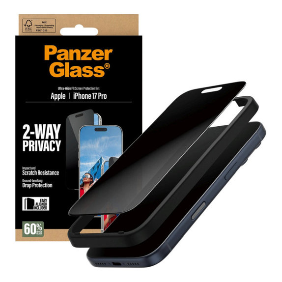 Tvrzené sklo UWF 2-Way Privacy s aplikátorem pro iPhone 17 Pro, Černá, PanzerGlass