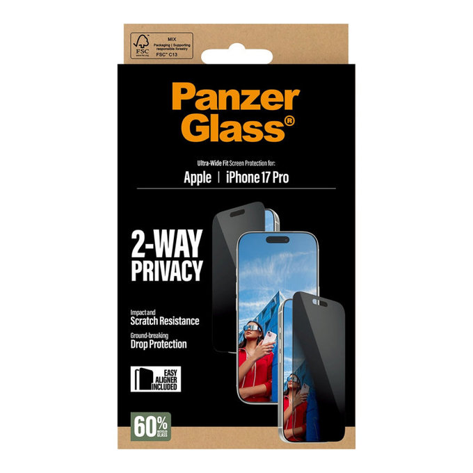 Tvrzené sklo UWF 2-Way Privacy s aplikátorem pro iPhone 17 Pro, Černá, PanzerGlass