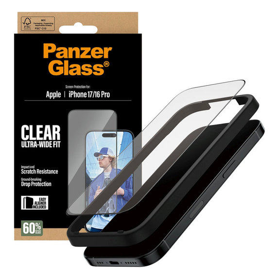 Tvrzené sklo UWF s aplikátorem pro iPhone 17/16 Pro, Černá, PanzerGlass