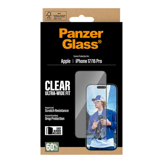 Tvrzené sklo UWF s aplikátorem pro iPhone 17/16 Pro, Černá, PanzerGlass