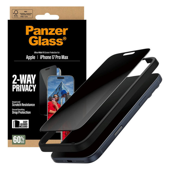 Tvrzené sklo UWF 2-Way Privacy s Fastfit pro iPhone 17 Pro Max, Černá, PanzerGlass