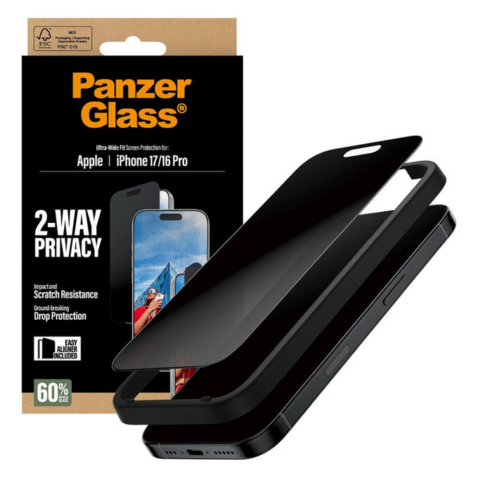 Tvrzené sklo UWF 2-Way Privacy s Fastfit pro iPhone 17/16 Pro, Černá, PanzerGlass