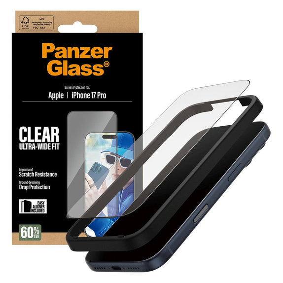 Tvrzené sklo UWF s aplikátorem pro iPhone 17 Pro, Černá, PanzerGlass