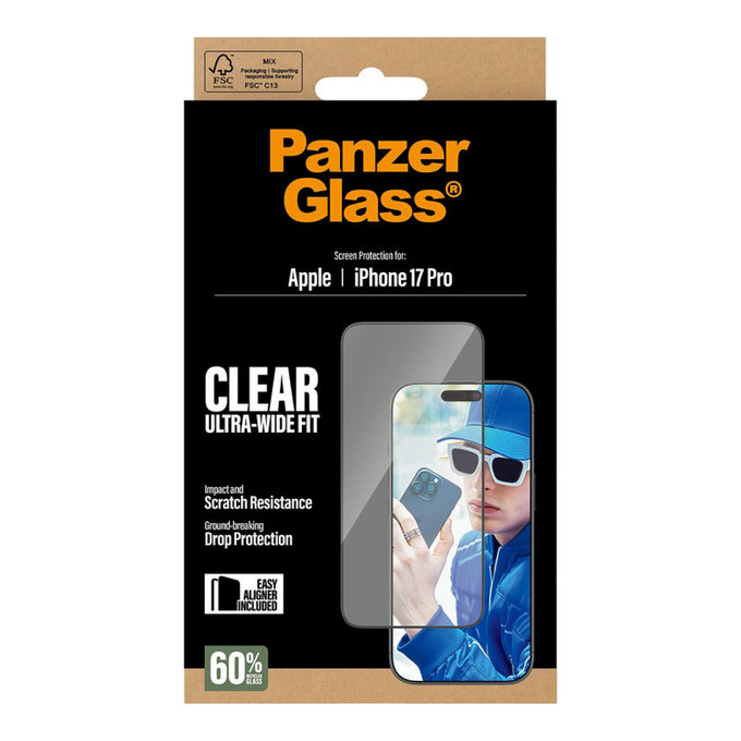 Tvrzené sklo UWF s aplikátorem pro iPhone 17 Pro, Černá, PanzerGlass