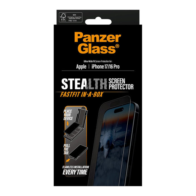 Tvrzené sklo UWF Stealth s Fastfit pro iPhone 17/16 Pro, Černá, PanzerGlass