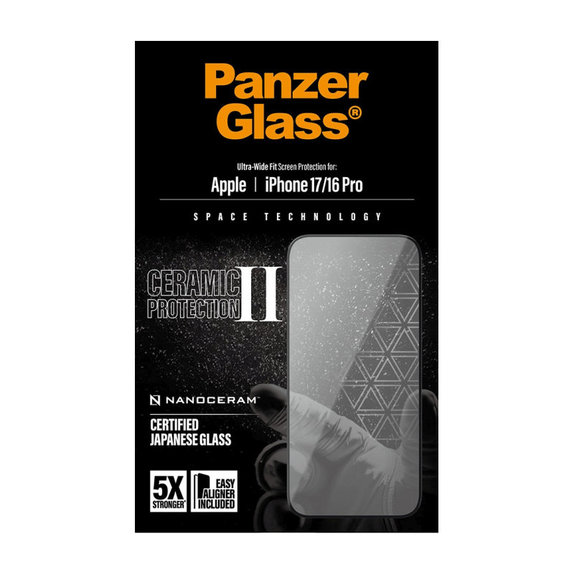 Tvrzené sklo UWF Ceramic II s Fastfit pro iPhone 17/16 Pro, Černá, PanzerGlass
