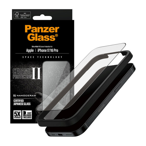 Tvrzené sklo UWF Ceramic II s Fastfit pro iPhone 17/16 Pro, Černá, PanzerGlass