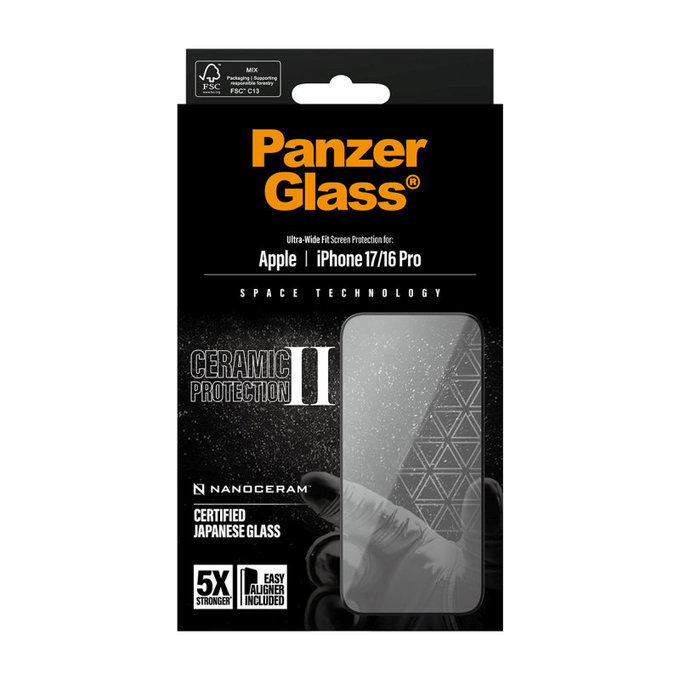 Tvrzené sklo UWF Ceramic II s Fastfit pro iPhone 17/16 Pro, Černá, PanzerGlass
