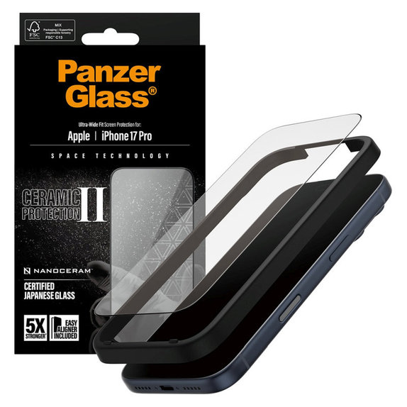 Tvrzené sklo UWF Ceramic II s aplikátorem pro iPhone 17 Pro, Černá, PanzerGlass