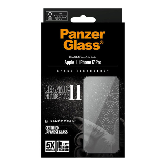 Tvrzené sklo UWF Ceramic II s aplikátorem pro iPhone 17 Pro, Černá, PanzerGlass