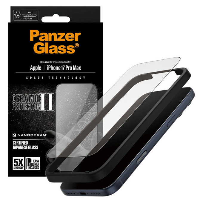 Tvrzené sklo UWF Ceramic II s aplikátorem pro iPhone 17 Pro Max, Černá, PanzerGlass
