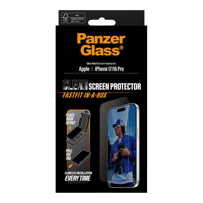 Tvrzené sklo UWF s Fastfit pro iPhone 17/16 Pro, Černá, PanzerGlass