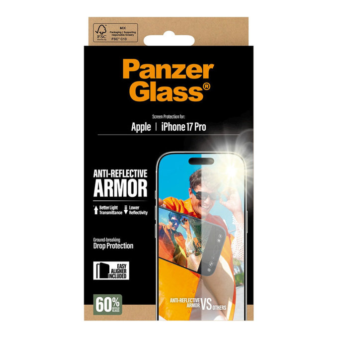 Tvrzené sklo Anti-Reflective s aplikátorem pro iPhone 17 Pro, Černá, PanzerGlass
