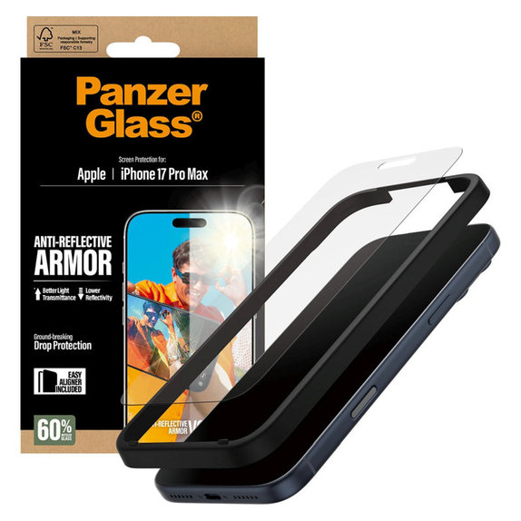 Tvrzené sklo Anti-Reflective s aplikátorem pro iPhone 17 Pro Max, Černá, PanzerGlass