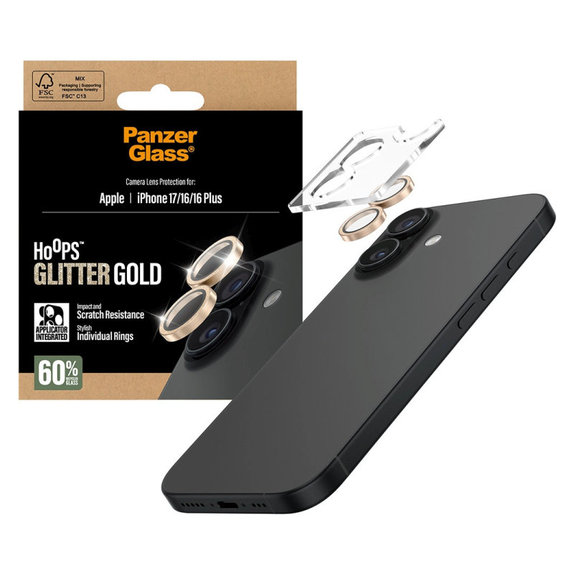 Ochranný kryt objektivu Hoops pro iPhone 17/16 Plus/16, Glitter Gold, PanzerGlass