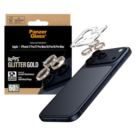 Ochranný kryt objektivu Hoops pro iPhone 17 Pro Max/17 Pro/16 Pro Max/16 Pro, Glitter Gold, PanzerGlass